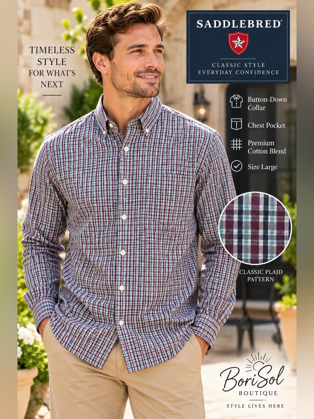 Saddlebred Men’s Large Burgundy Teal Plaid Long Sleeve Button-Down Shirt
